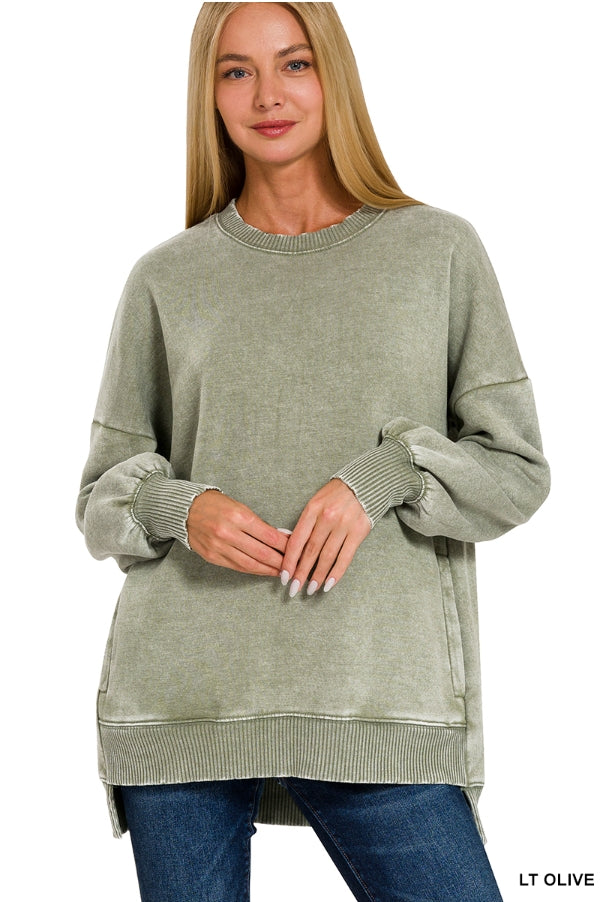 Light Olive Acid Wash Fleece Hi Low Hem Pullover Sweatshirt