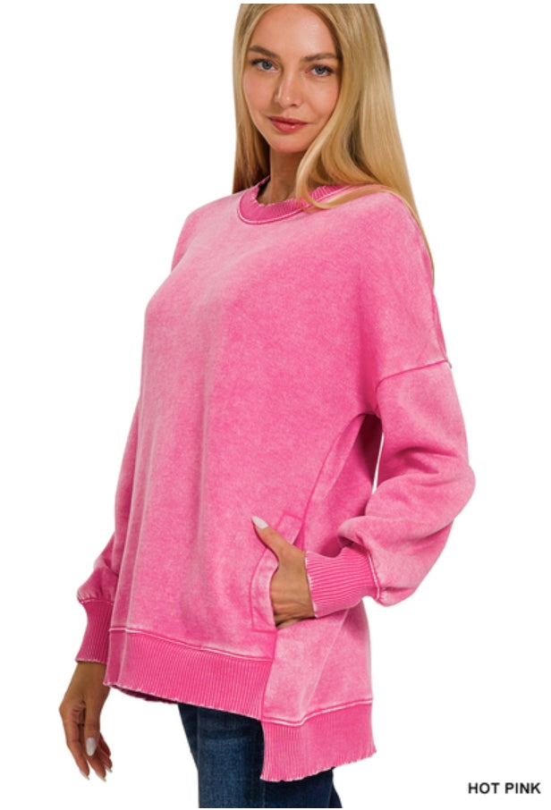 Hot Pink Acid Wash Fleece Hi Low Hem Pullover Sweatshirt