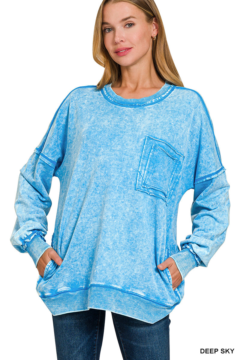 Deep Sky Distressed Pocket Sweatshirt