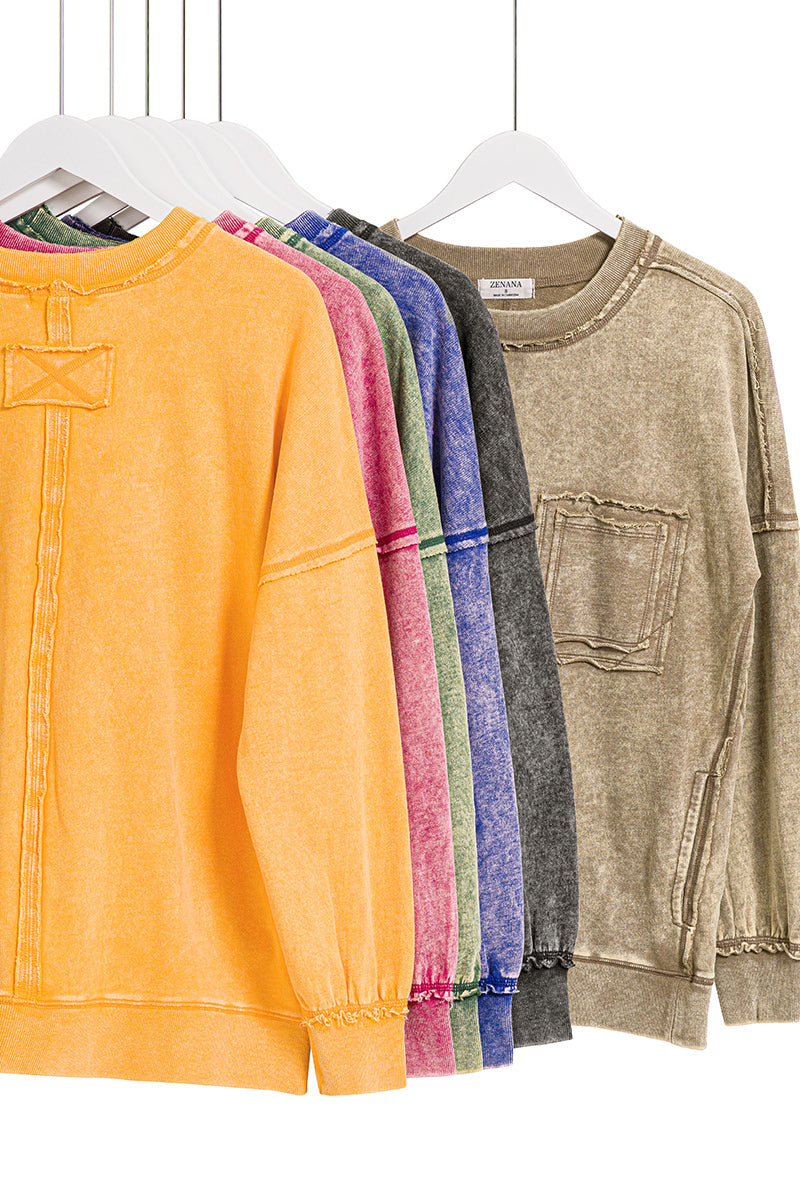 Blackberry Terry Acid Wash Raw Edge Front Pocket Pullover