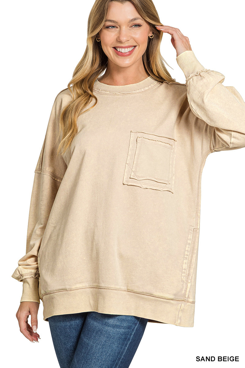 Sand Beige Distressed Pocket Sweatshirt