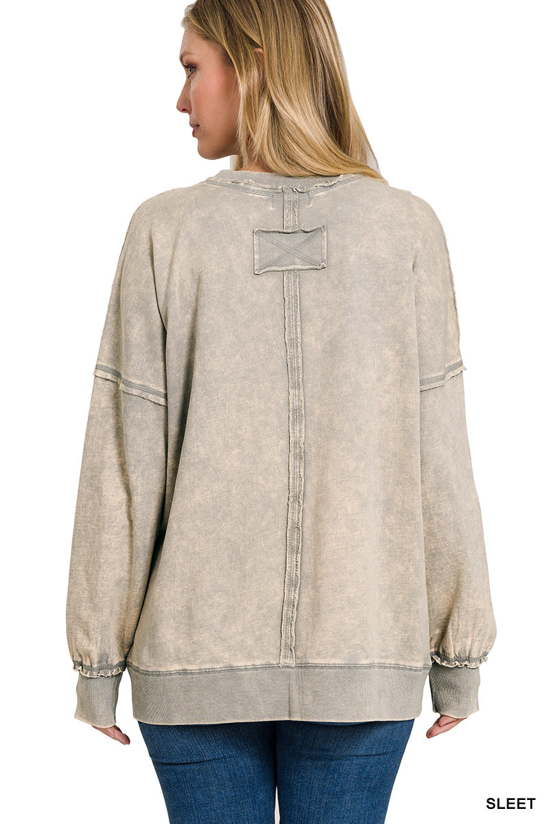 Sleet Gray Terry Acid Wash Raw Edge Front Pocket Pullover