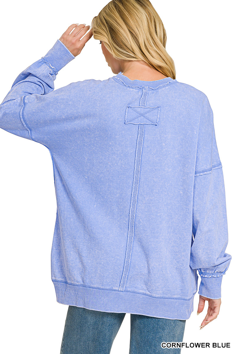 Cornflower Blue Terry Acid Wash Raw Edge Front Pocket Pullover
