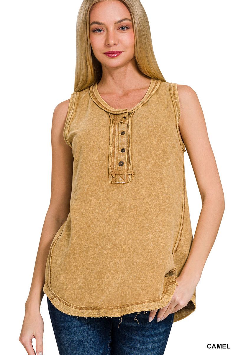Camel Washed Half-Button Henley Tank Top