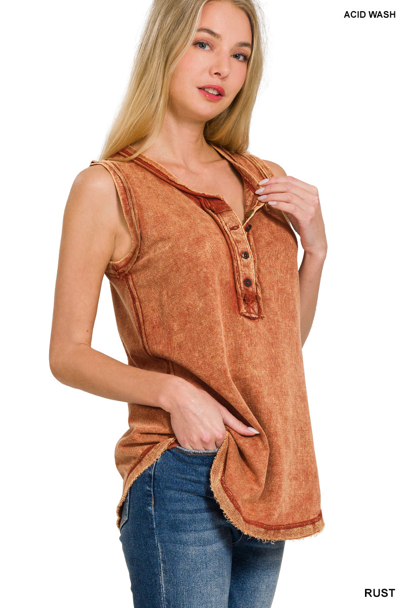 Rust Washed Half-Button Henley Tank Top