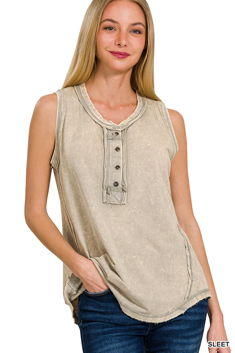 Sleet Washed Half-Button Henley Tank Top