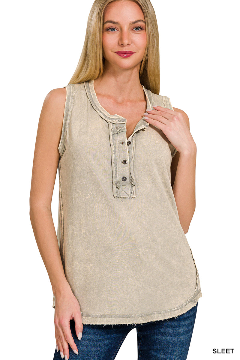 Sleet Washed Half-Button Henley Tank Top