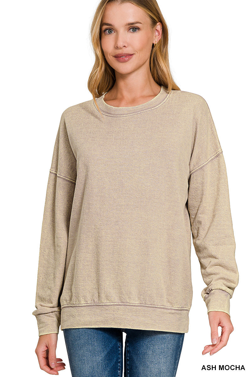 Ash Mocha Crew Washed Round Neck Pullover Sweatshirt