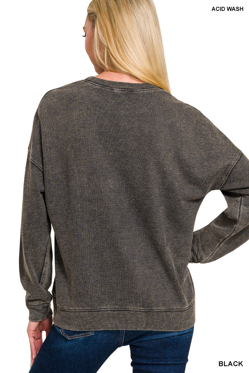 True Black Crew Washed Round Neck Pullover Sweatshirt