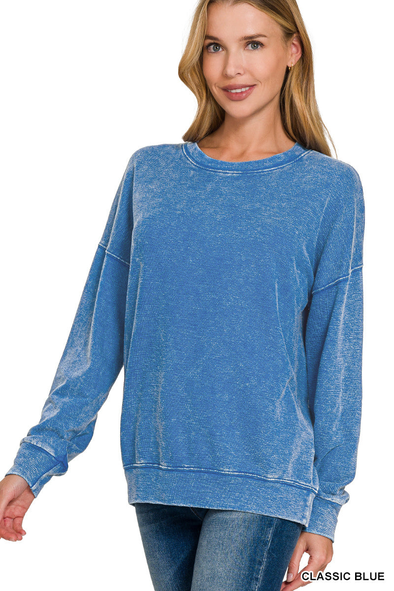 Classic Blue Washed Round Neck Pullover Sweatshirt