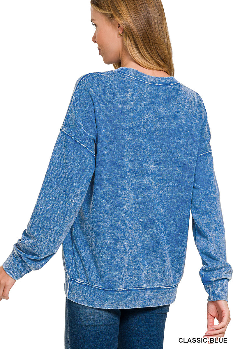 Classic Blue Washed Round Neck Pullover Sweatshirt