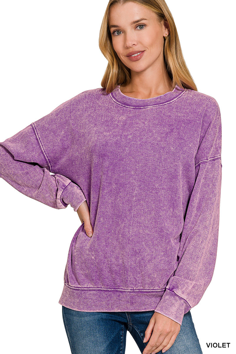Violet Washed Round Neck Pullover Sweatshirt