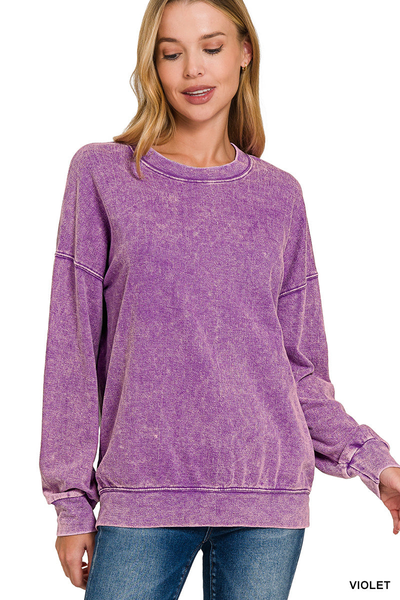 Violet Washed Round Neck Pullover Sweatshirt