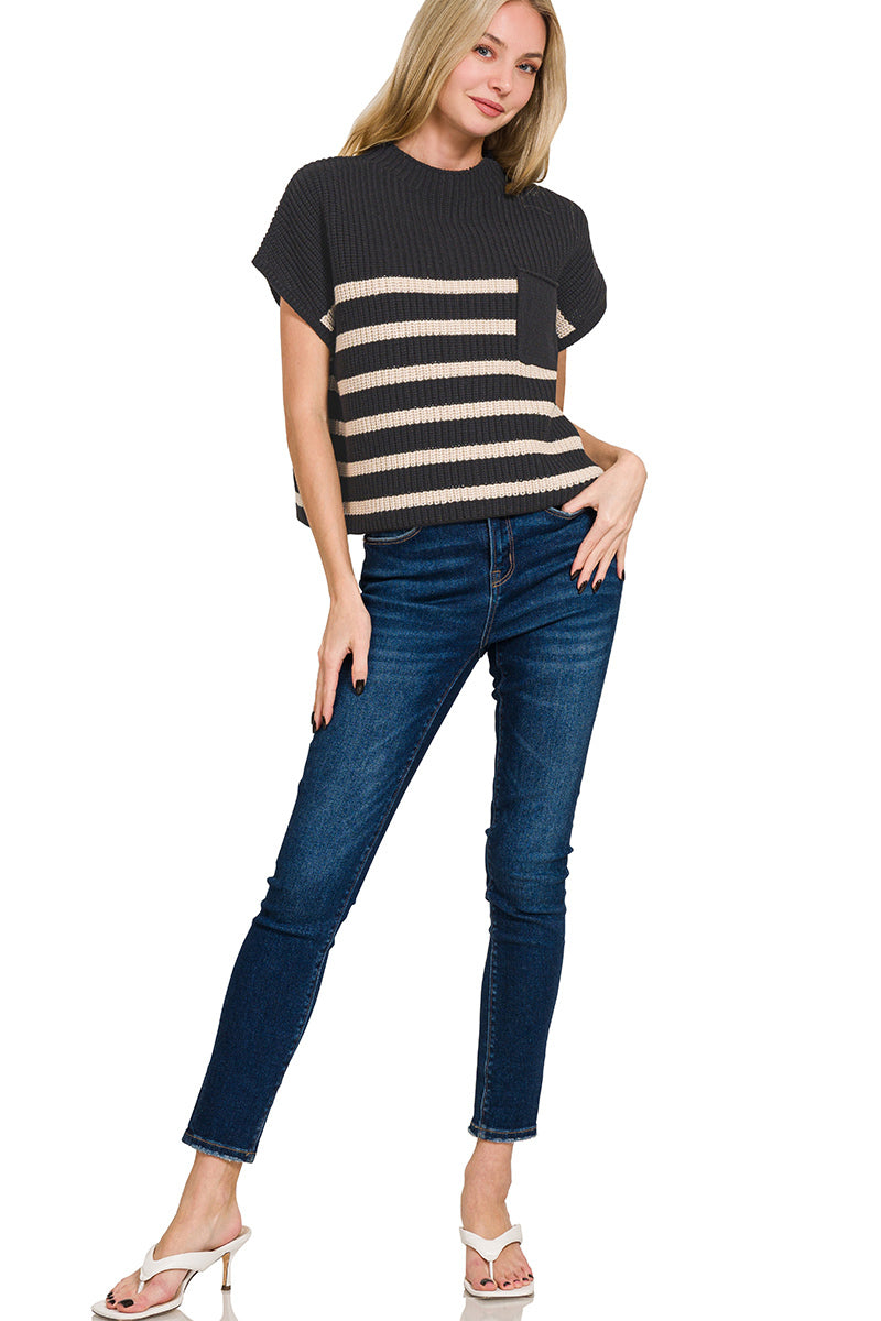 Black and Tan Short Sleeve Stripe Sweater