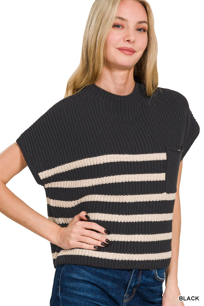 Black and Tan Short Sleeve Stripe Sweater