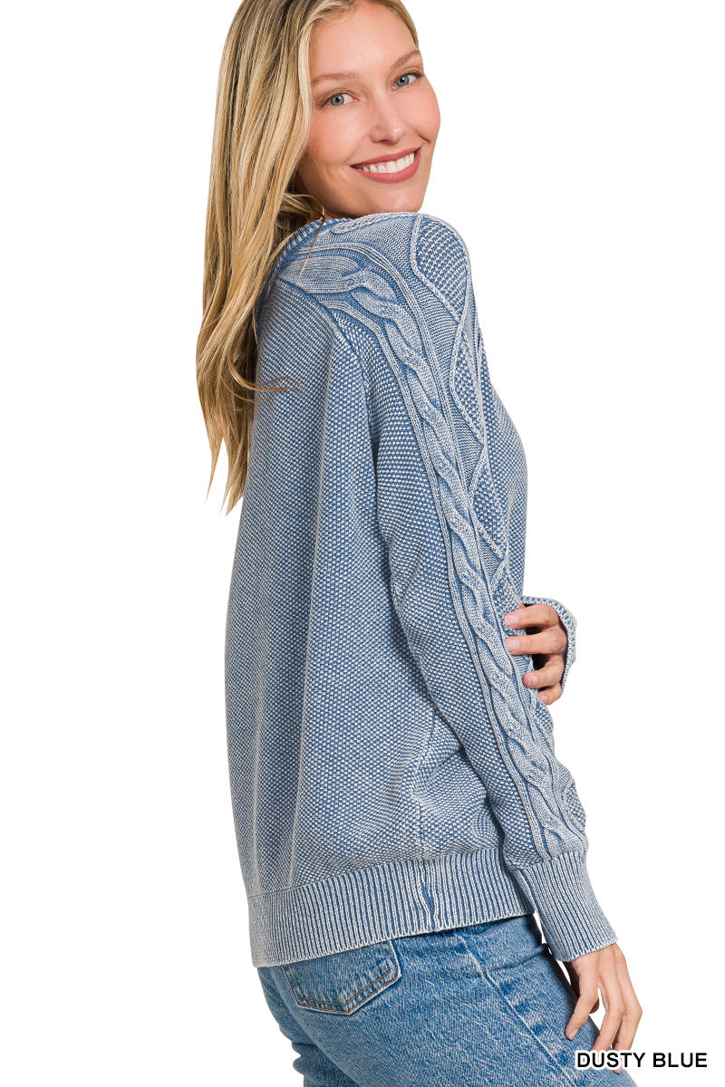 Dusty Blue Stone Washed Cable-Sleeve Crewneck Sweater