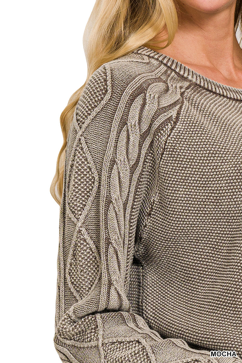 Mocha Stone Washed Cable-Sleeve Crewneck Sweater