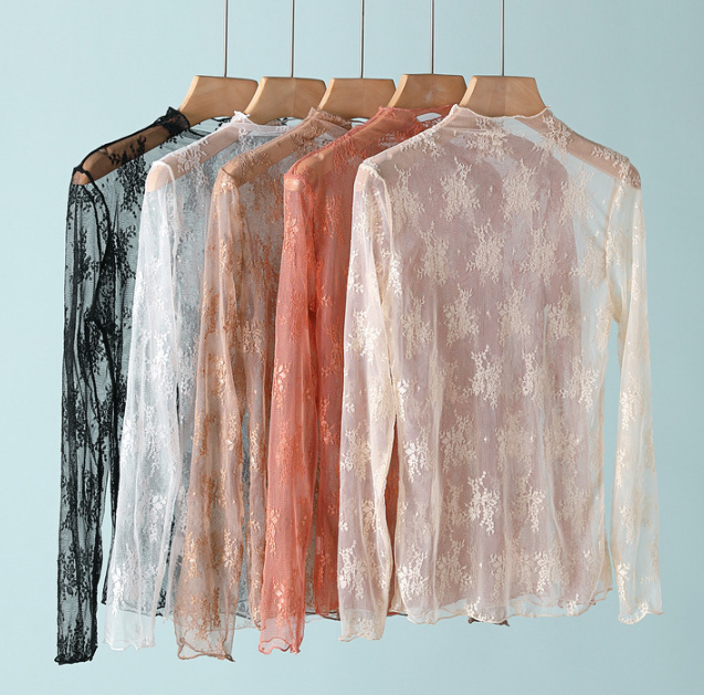 Black Semi Sheer Mesh Floral Lace Layering Top