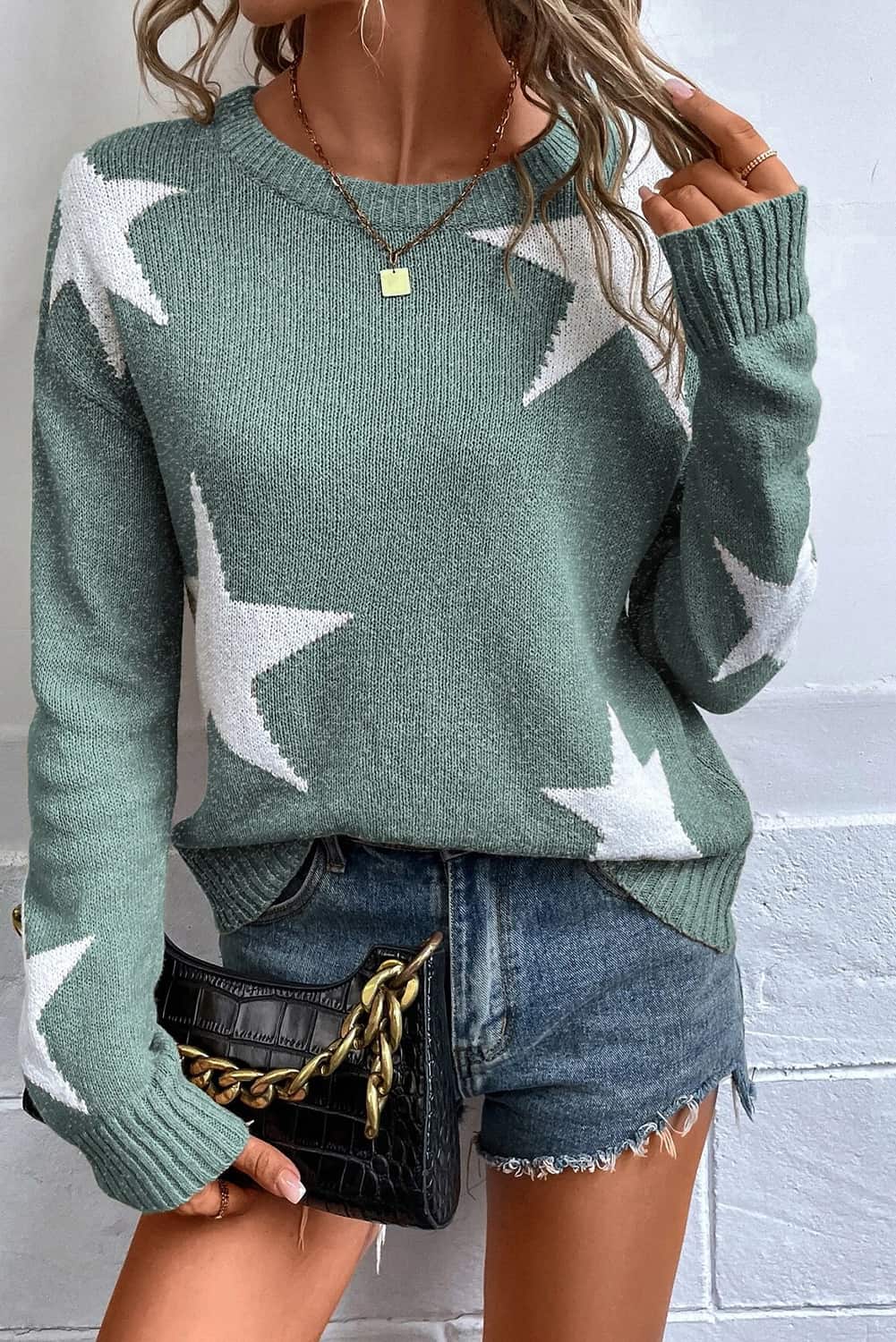 Knit Green Star Crew Neck Sweater