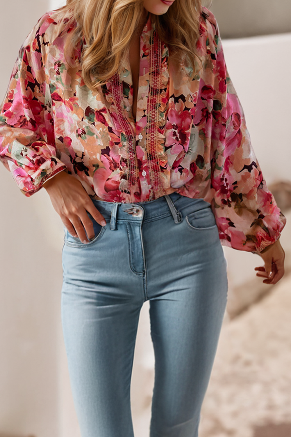 $10 Rack - Floral Print Ruffled Stitch Buttoned Loose Fit Shirt