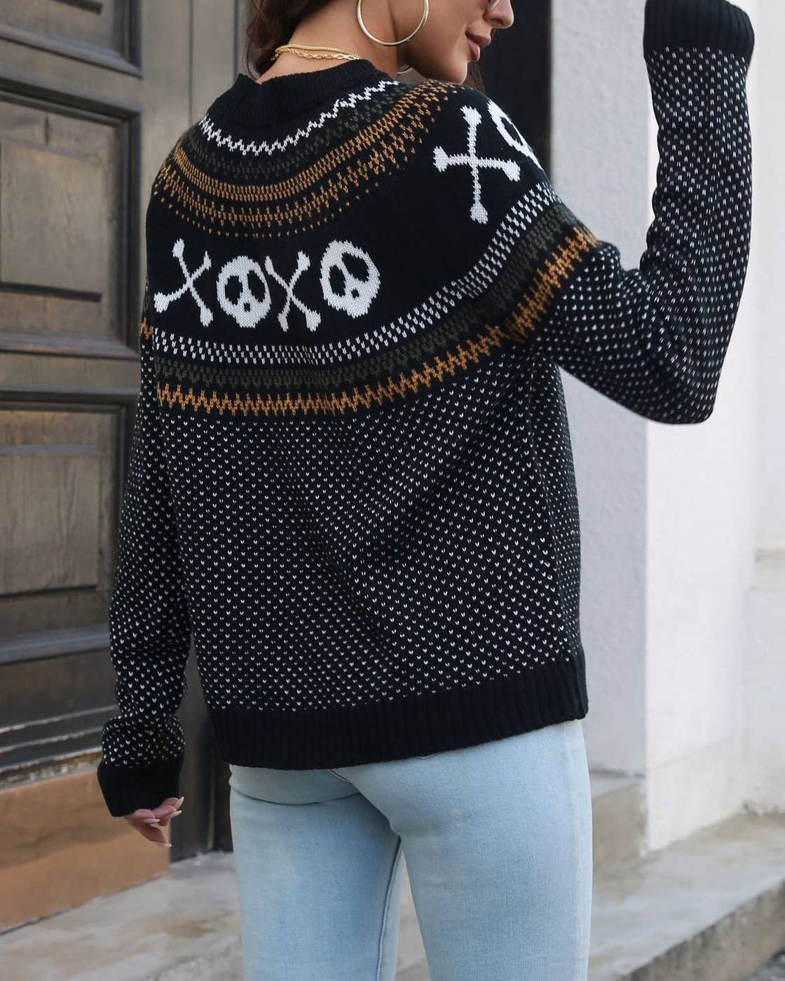 Halloween Retro Skull Ghost Jacquard Polka Dot Sweater