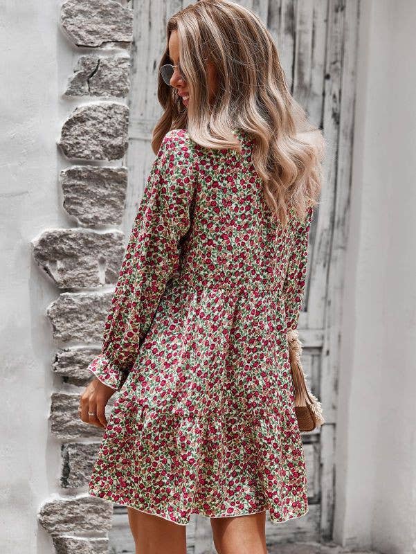 Sale - Red Rose Print Long Sleeve Dress