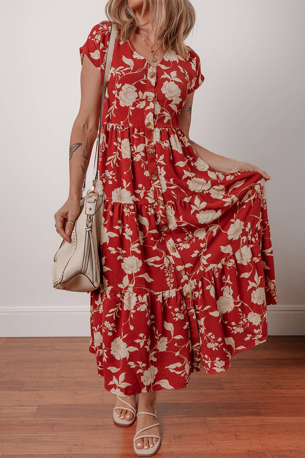 Red Floral Print Buttoned Front V Neck Tiered Dress