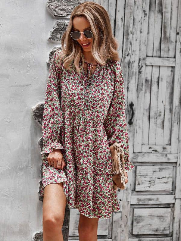 Sale - Red Rose Print Long Sleeve Dress