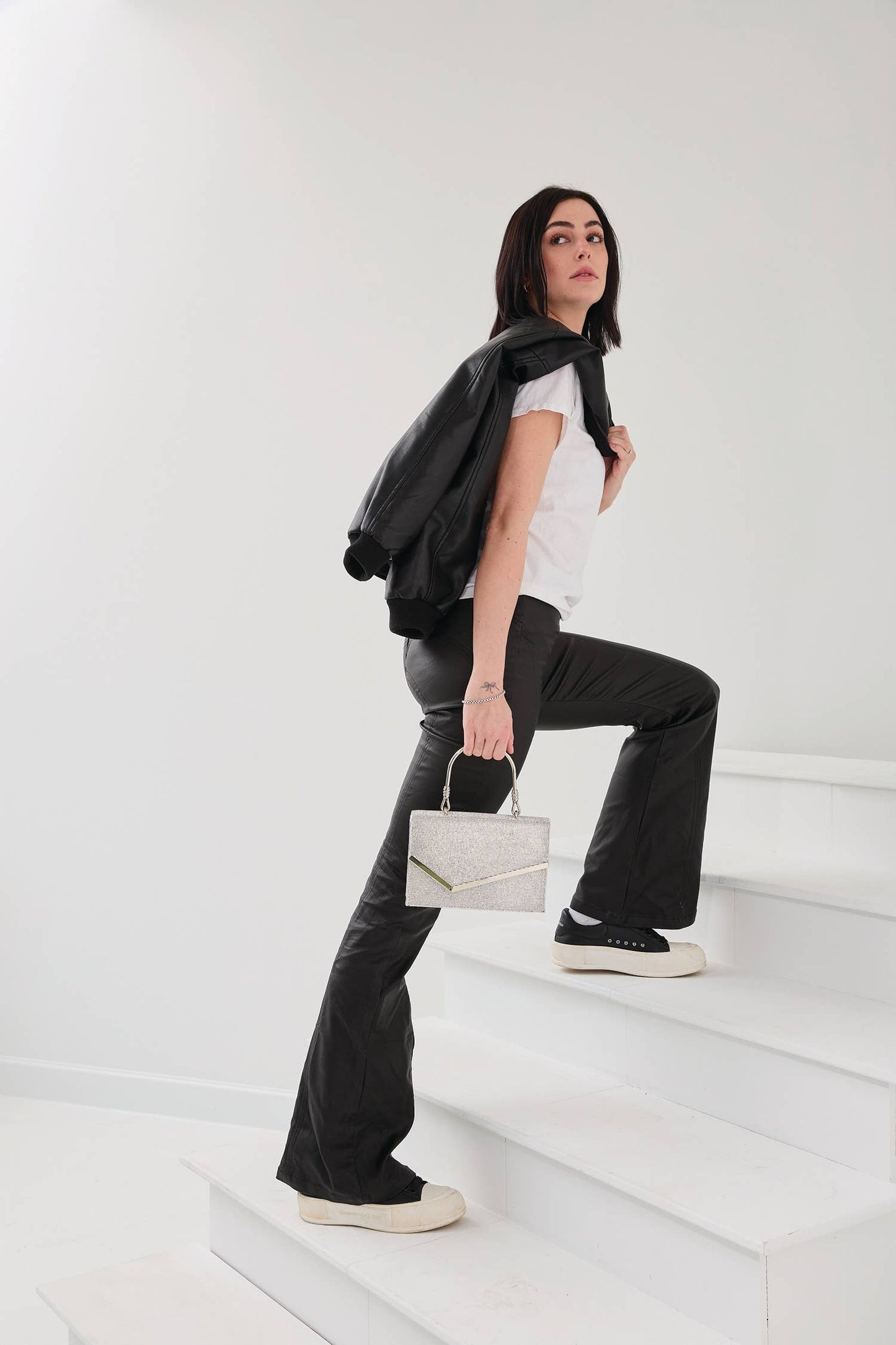 Daphne Asymmetrical Flapover Rhinestone Crossbody - Black or Silver