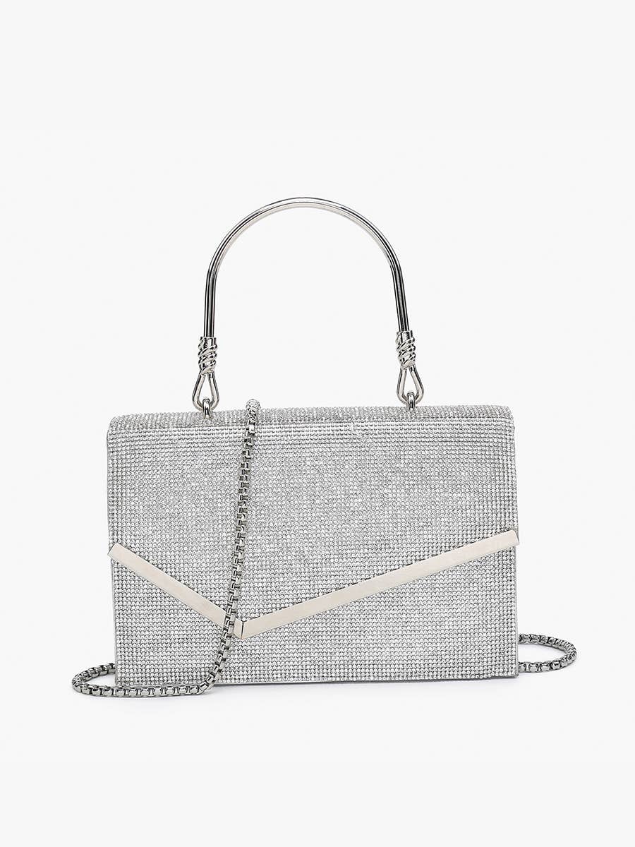 Daphne Asymmetrical Flapover Rhinestone Crossbody - Black or Silver