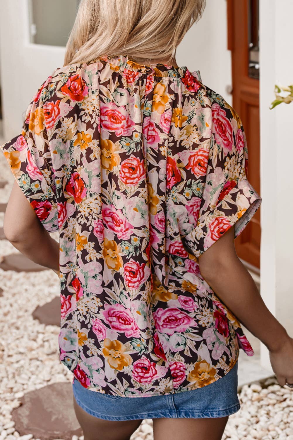 $10 Rack - Floral Print Crew Neck Short Sleeve Shift Blouse