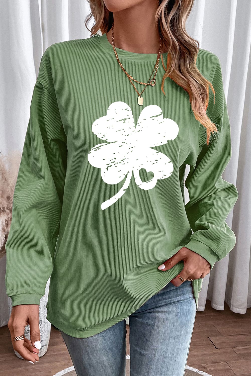 Sale - Distressed Clover Corded Long Sleeve Top