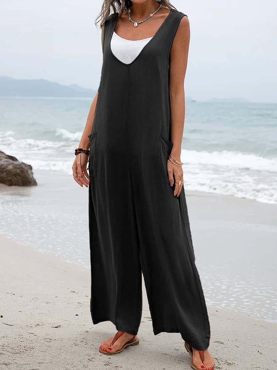 Sale - Black Ladies Two Shoulder Overalls Solid Daily Jumpsuit