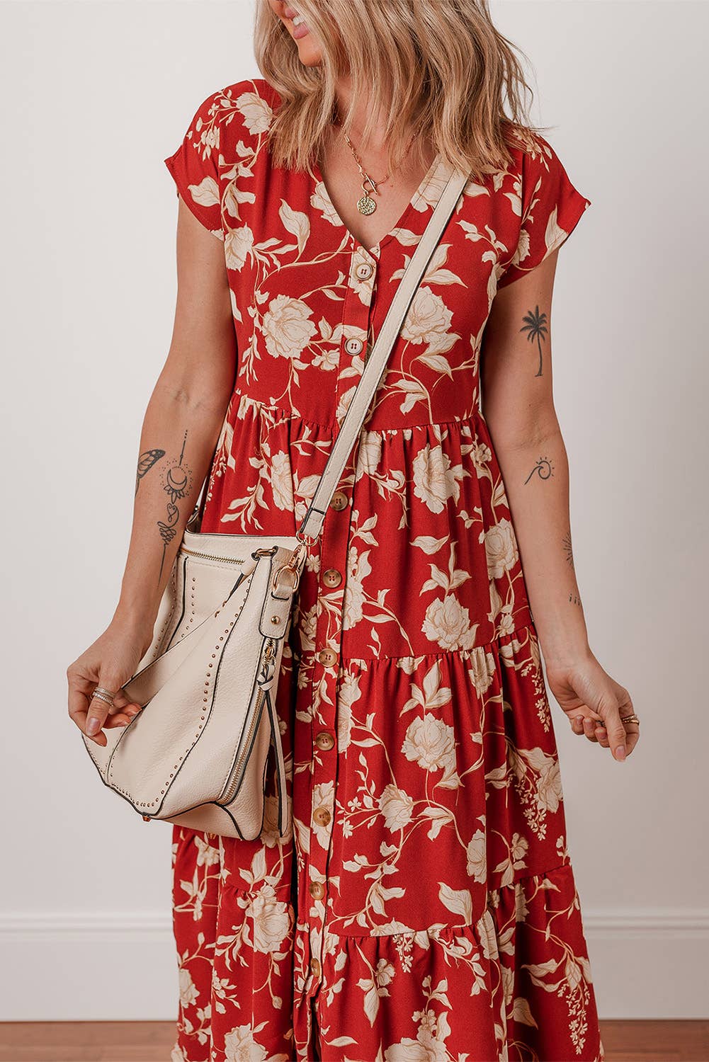 Red Floral Print Buttoned Front V Neck Tiered Dress