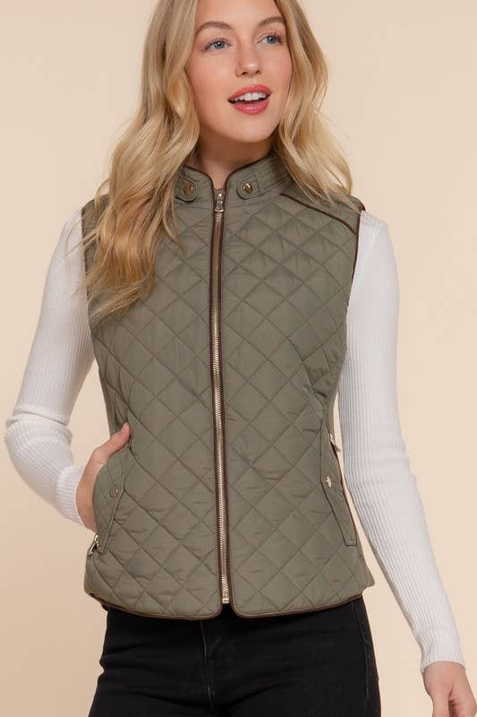 Sale - Olive Suede Piping Detail Side Rib Quilted Padding Vest