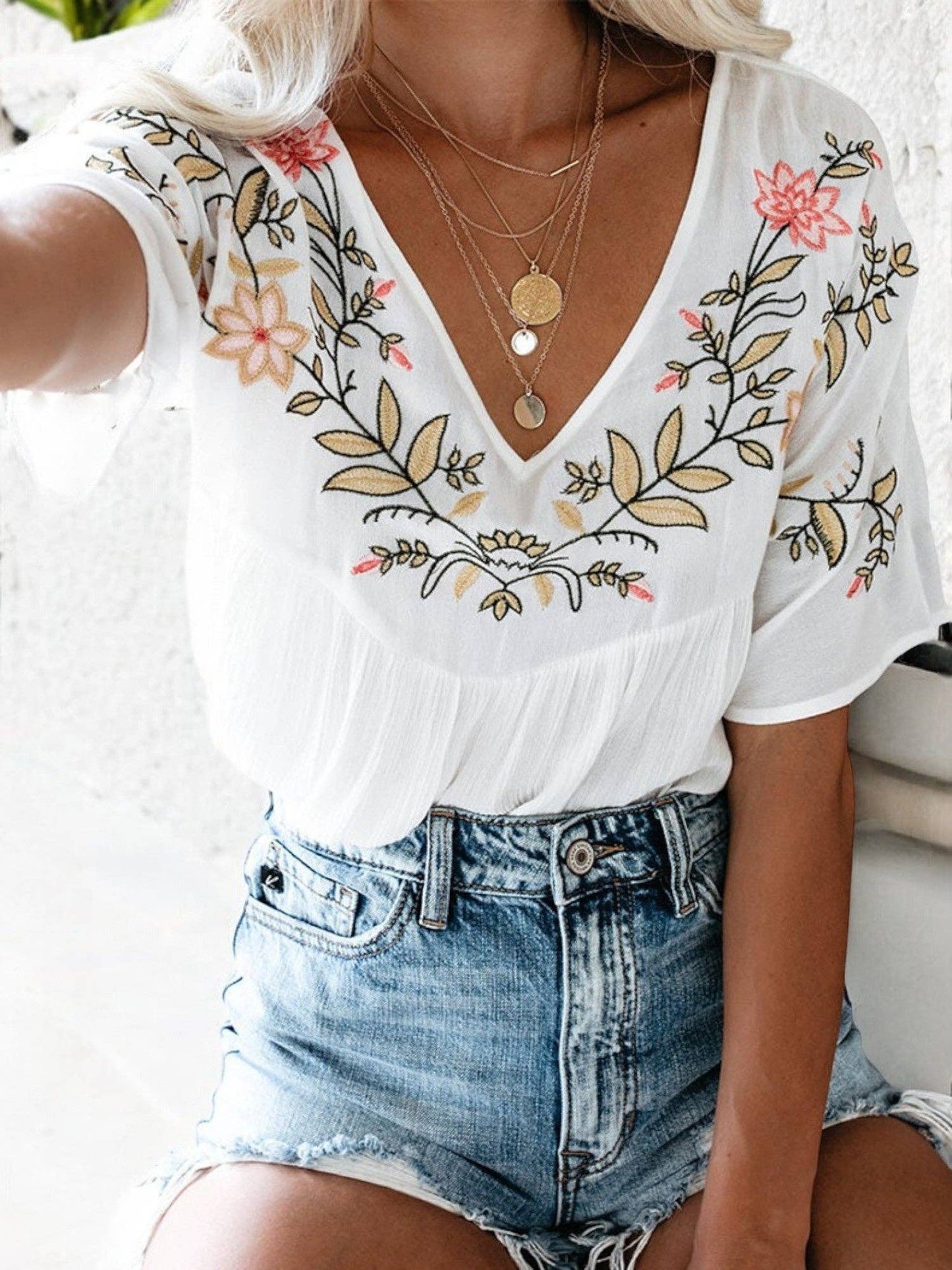 Sale - Short Sleeve V-Neck Embroidered Floral Blouse