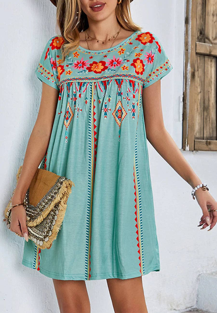 Multicolor Floral Boho Print Dress - Green