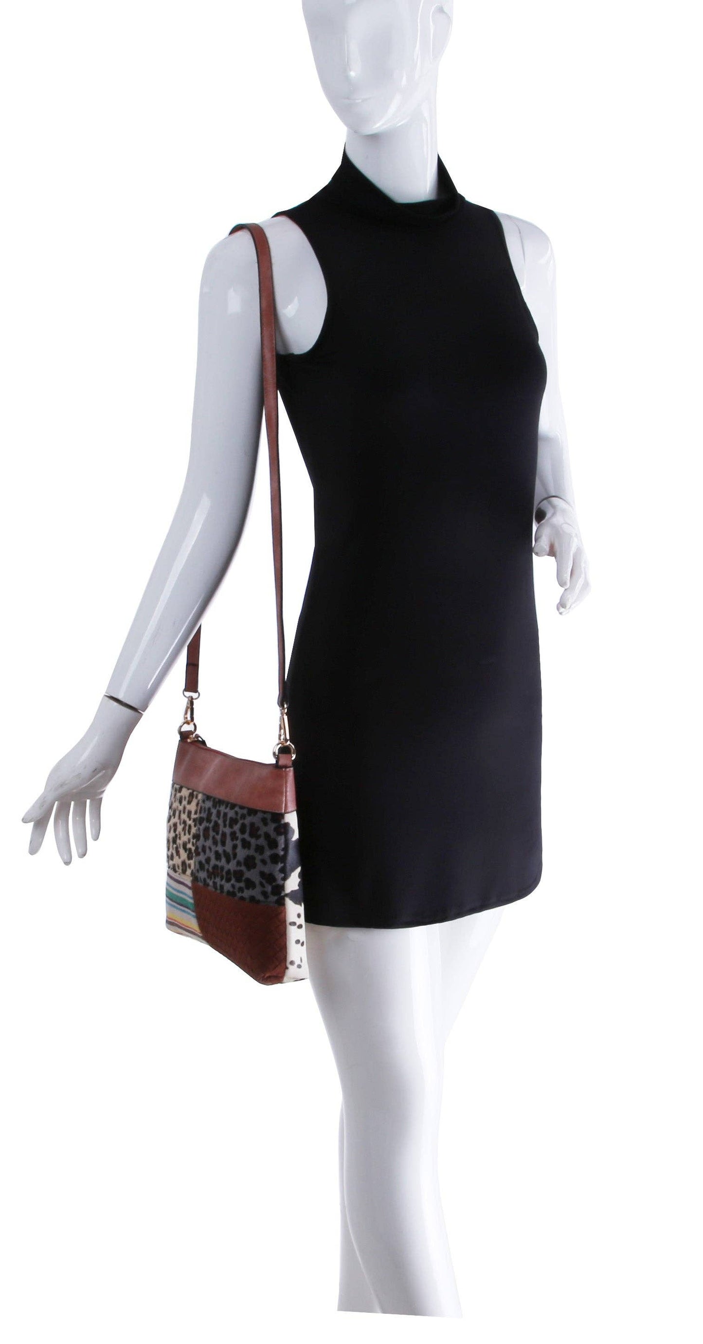 Cow Leopard Printed Crossbody Shoulder Handbag - Brown