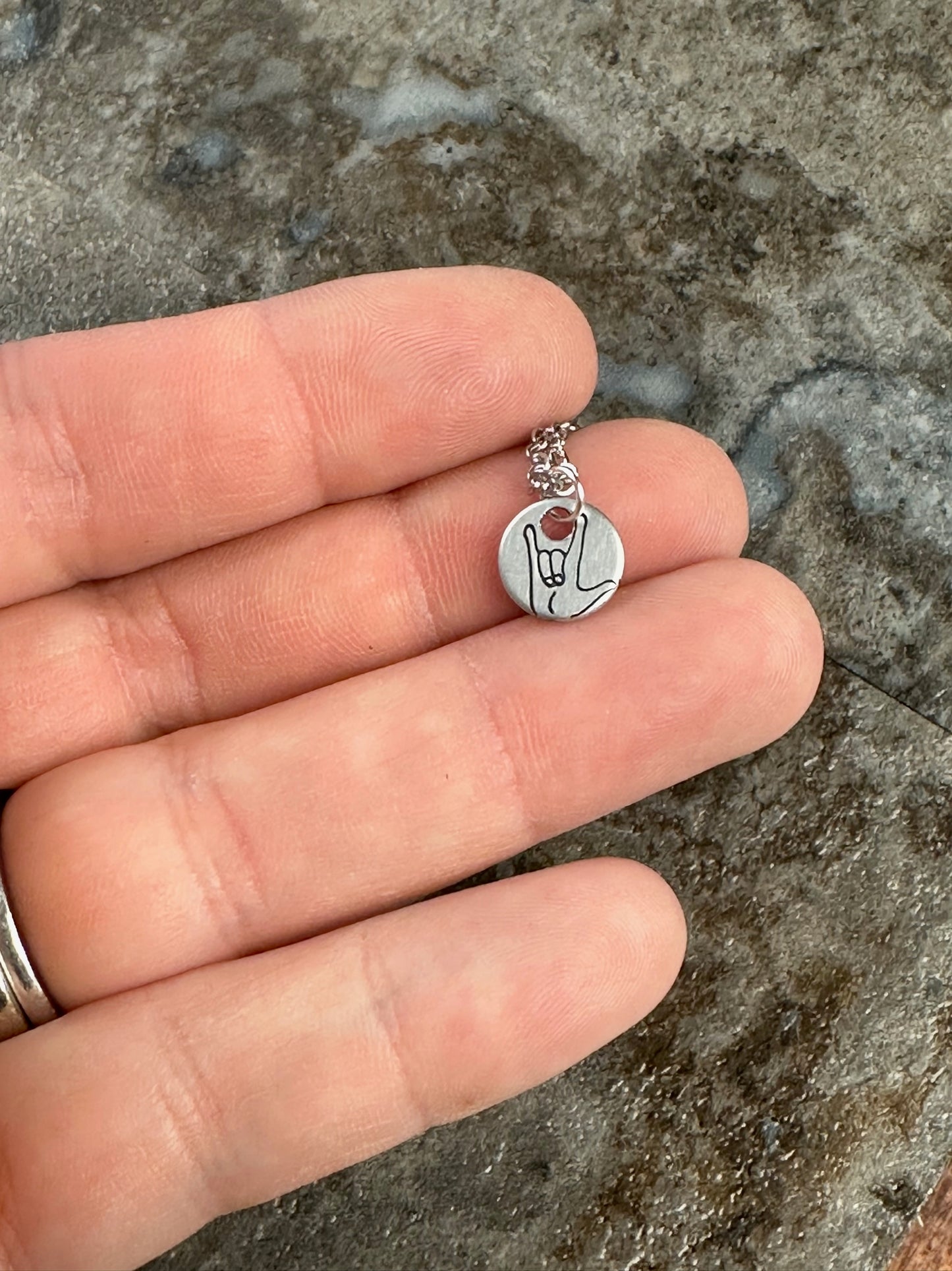 Tiny ASL I Love You Hand Stamped Necklace