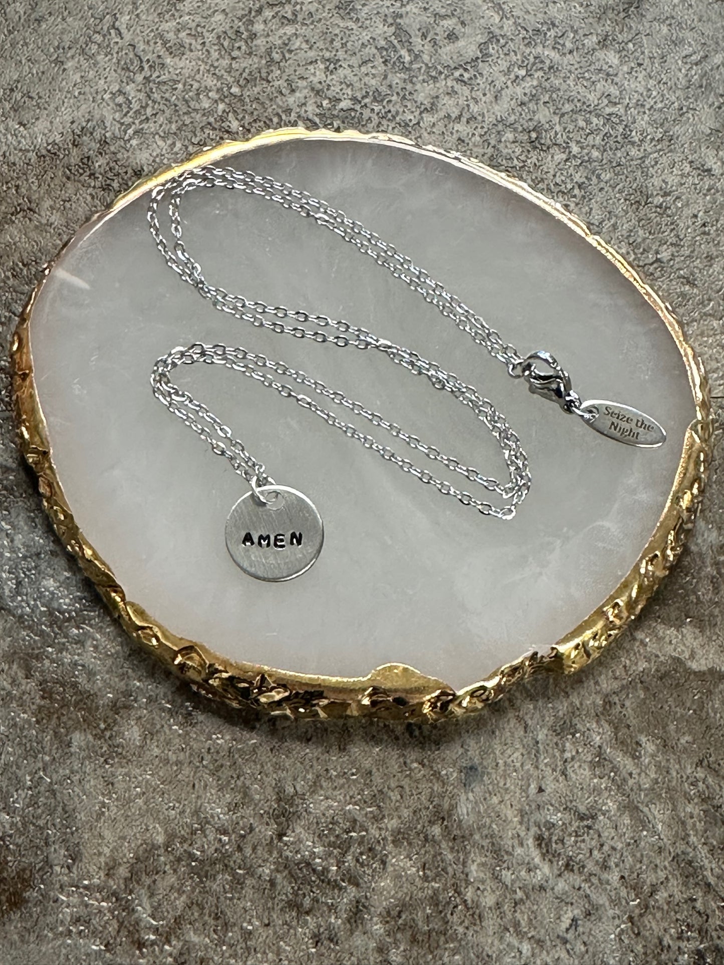 Amen Tiny Disc Hand Stamped Necklace