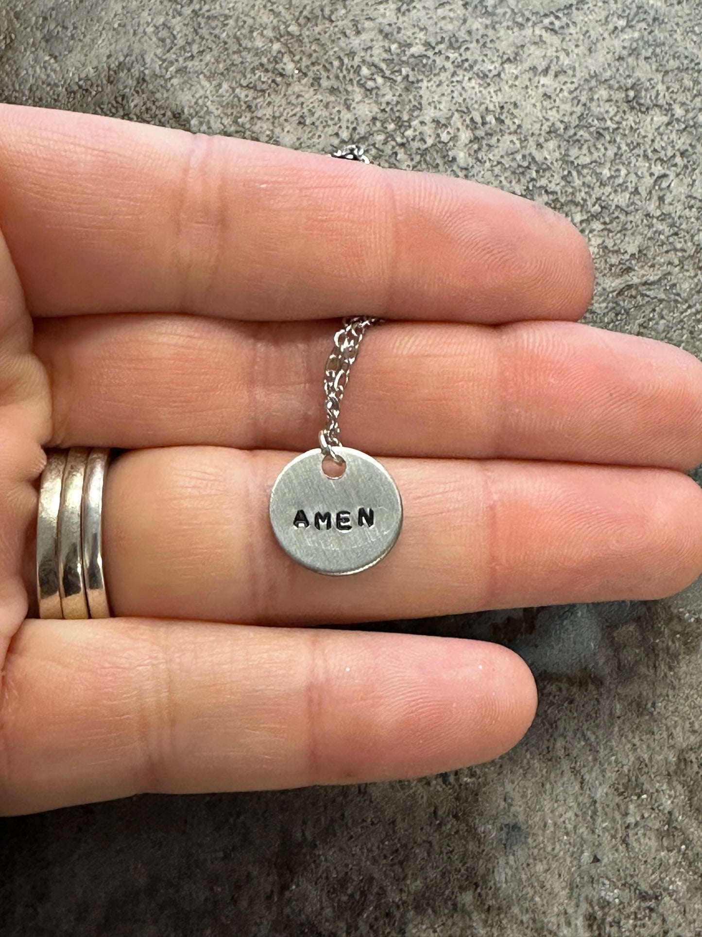 Amen Tiny Disc Hand Stamped Necklace