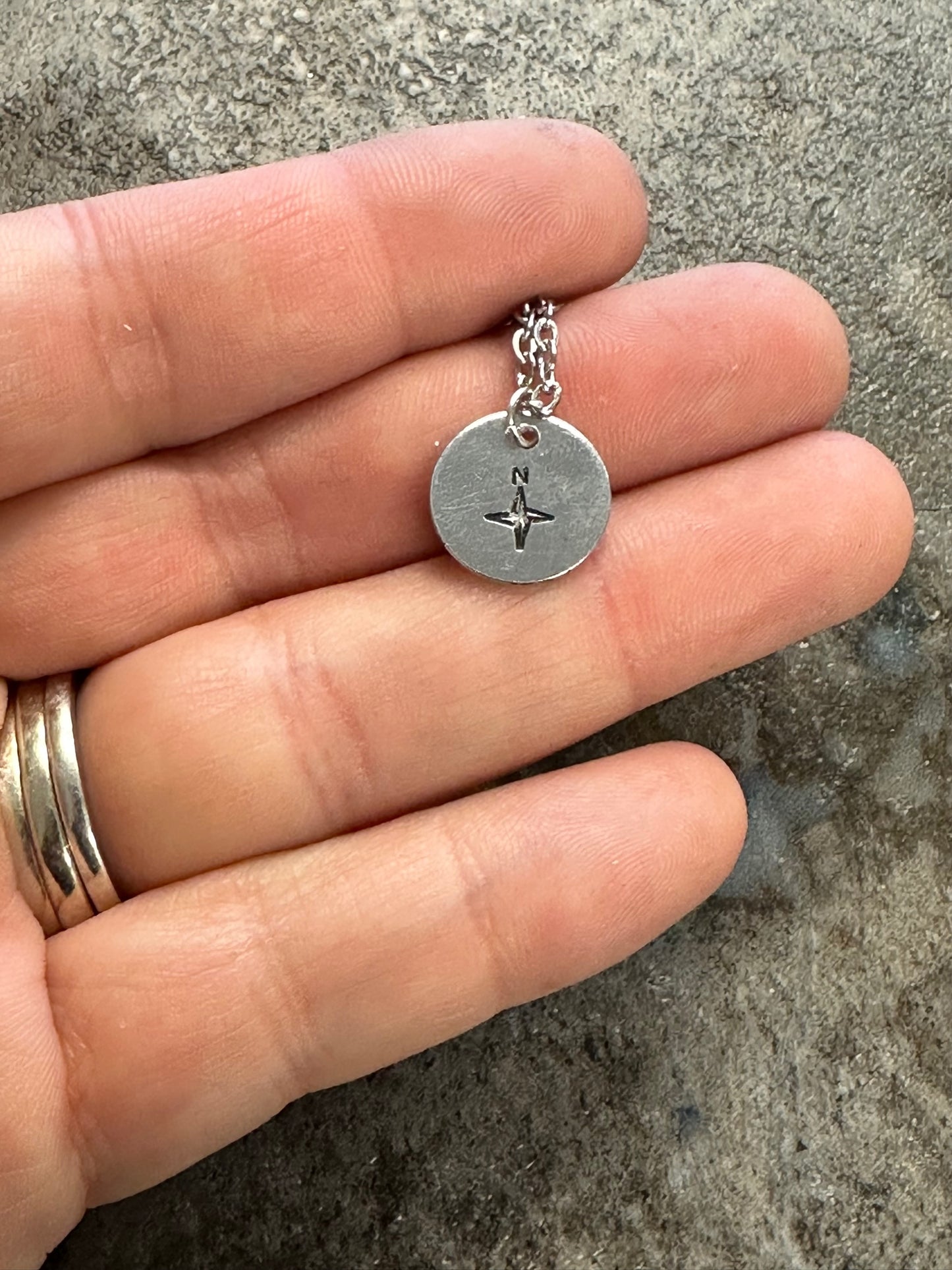 Compass Rose Tiny Disc Hand Stamped Necklace