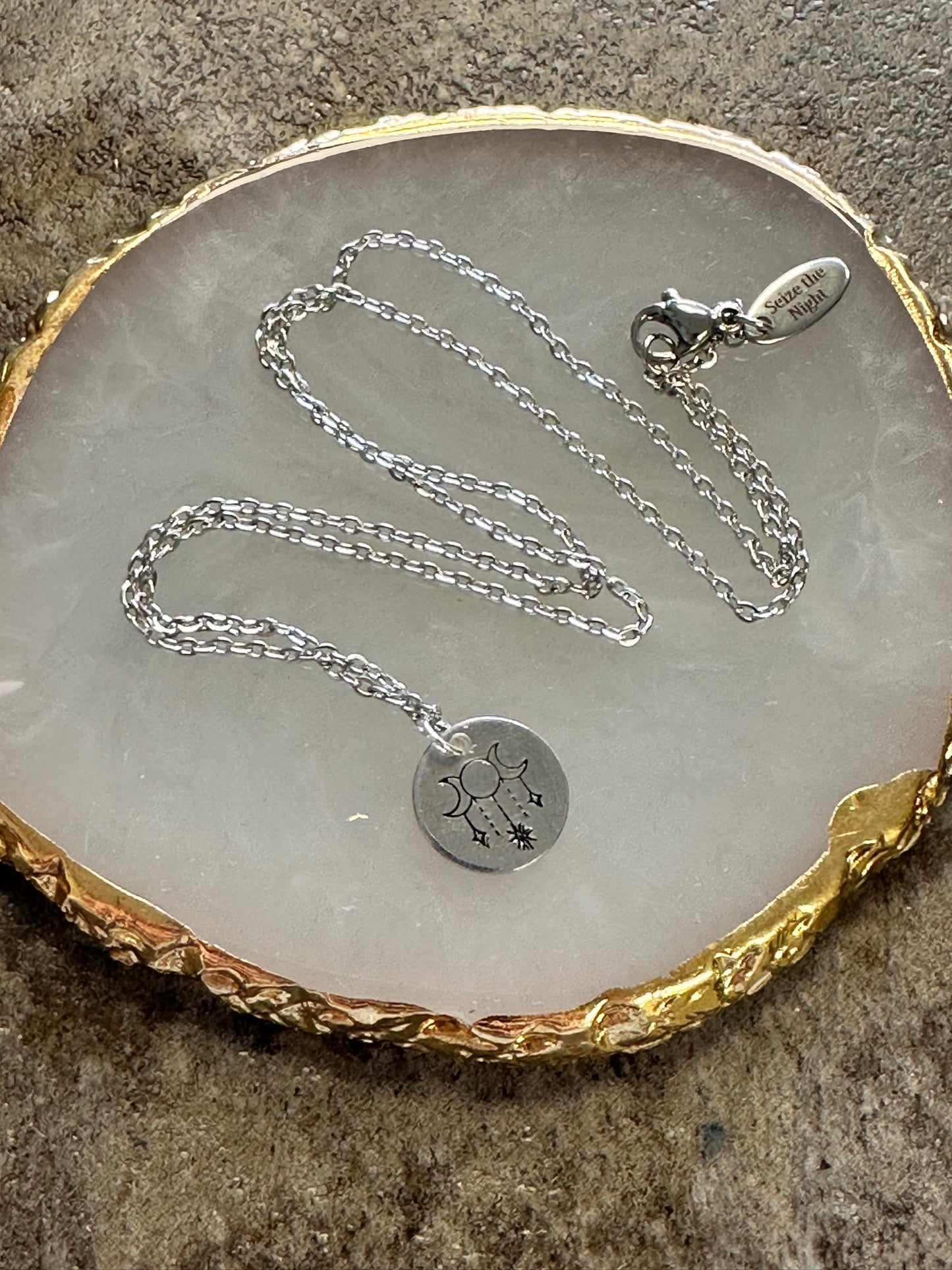 Moon & Crystals Tiny Disc Hand Stamped Necklace