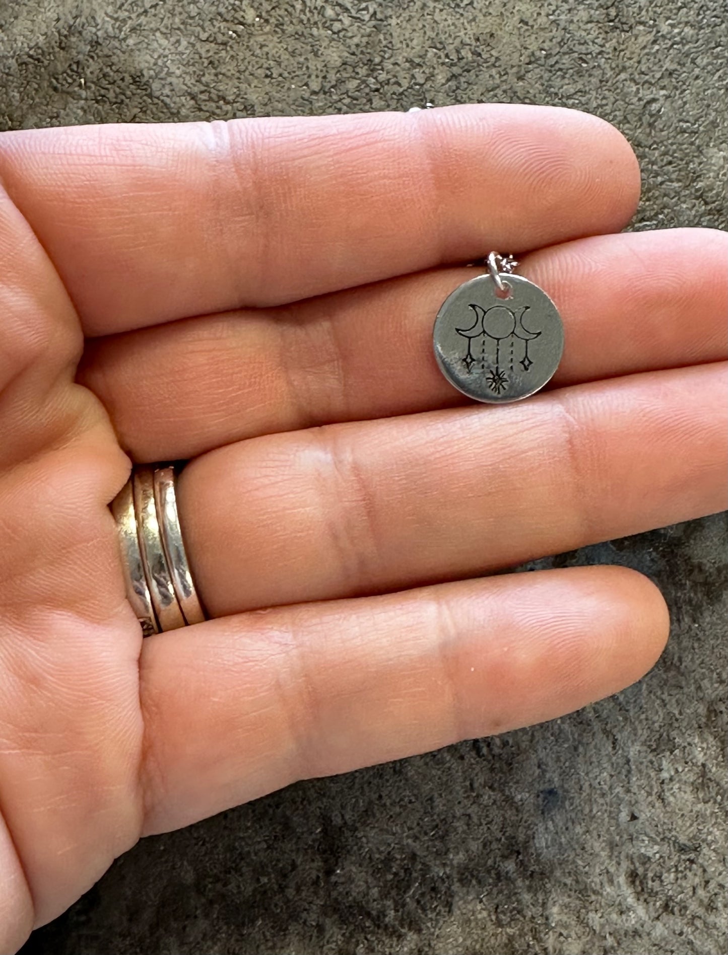 Moon & Crystals Tiny Disc Hand Stamped Necklace
