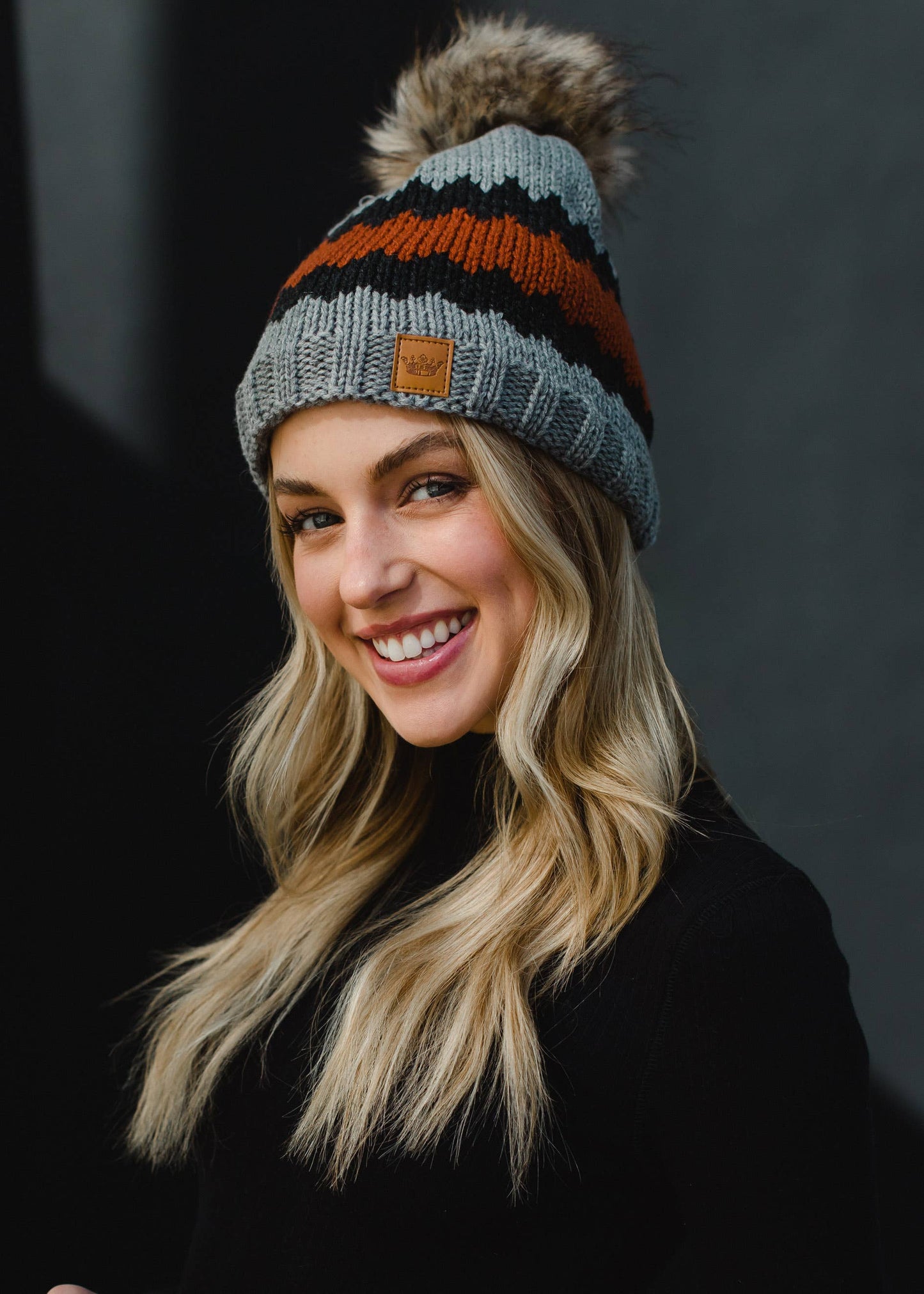 Gray, Charcoal & Rust Patterned Pom Hat