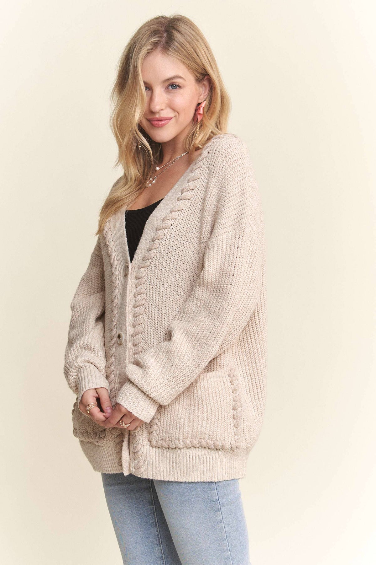 Oatmeal Stitch Accent Sweater Cardigan