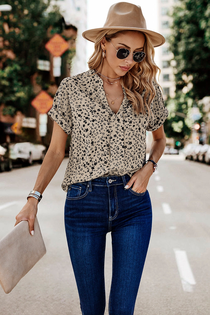 Sale - Tan V Neck Floral Print Blouse