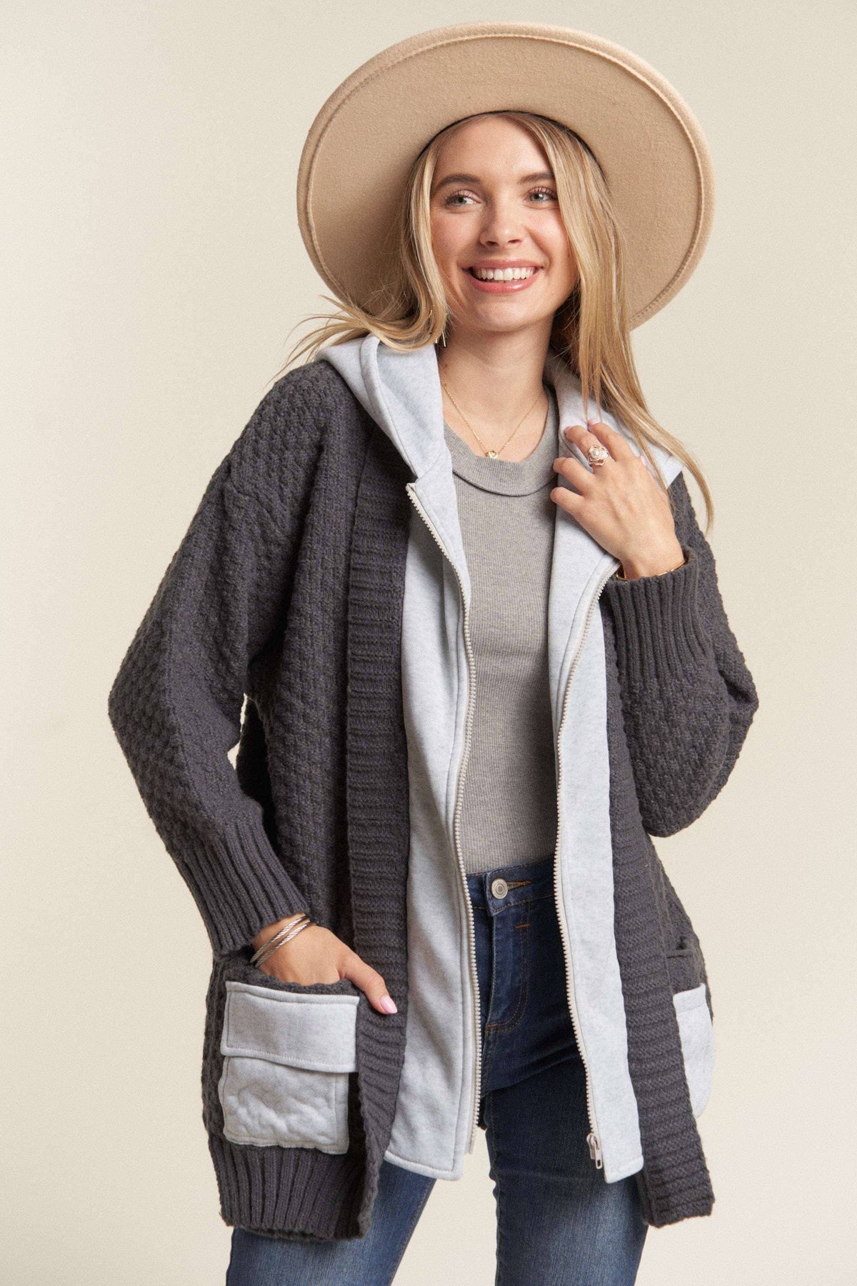 Charcoal Knit Zip Up Hoodie Jacket