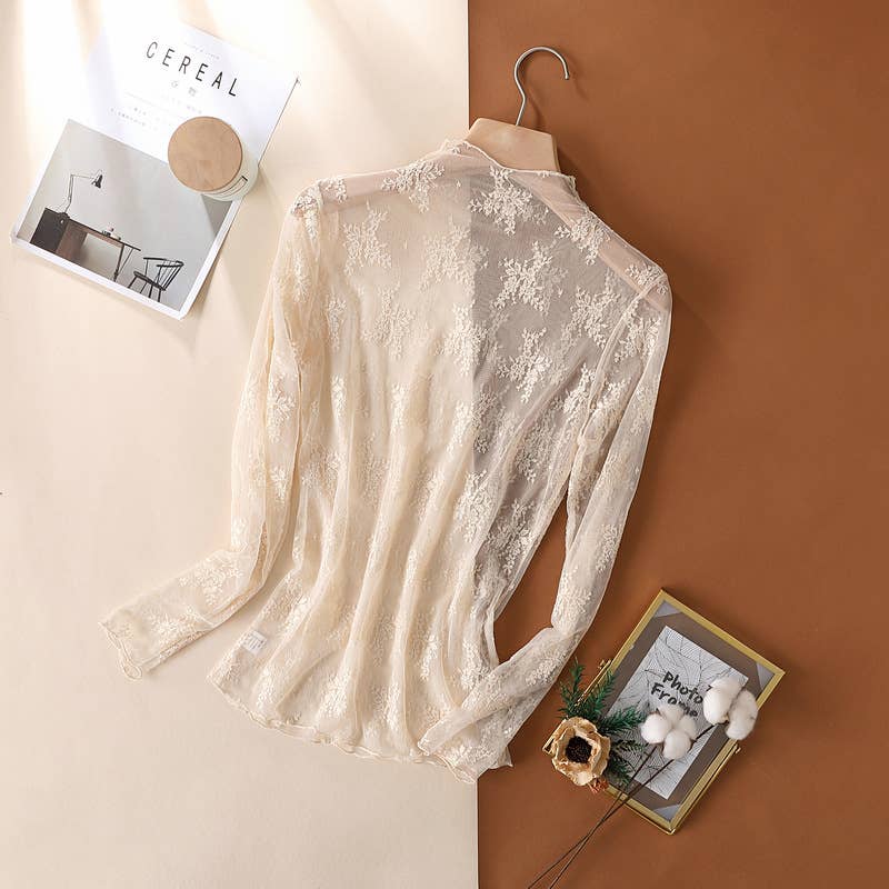 Taupe Semi Sheer Mesh Floral Lace Layering Top