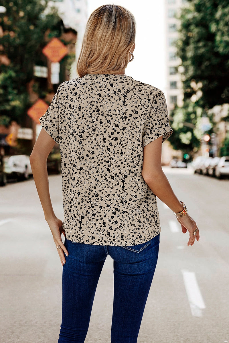 Sale - Tan V Neck Floral Print Blouse